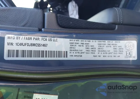 2021 Jeep Grand Cherokee Srt from USA, damaged, VIN 1C4RJFDJ8MC551467